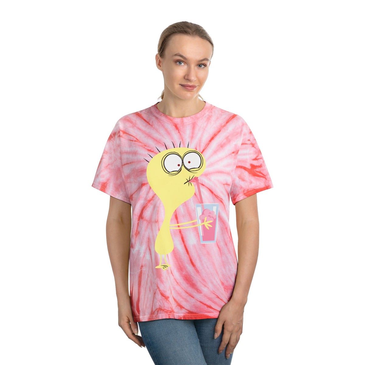 Pink Tie-Dye Tee with Quirky Yellow Cartoon Character