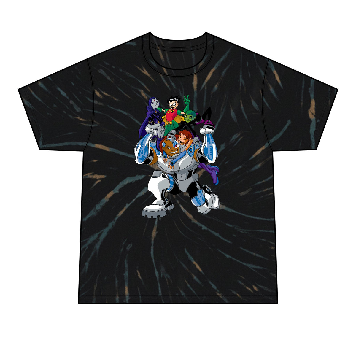 Men’s Tie-Dye Tee with Colorful Cartoon Character Group Graphic