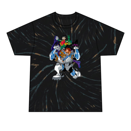 Men’s Tie-Dye Tee with Colorful Cartoon Character Group Graphic