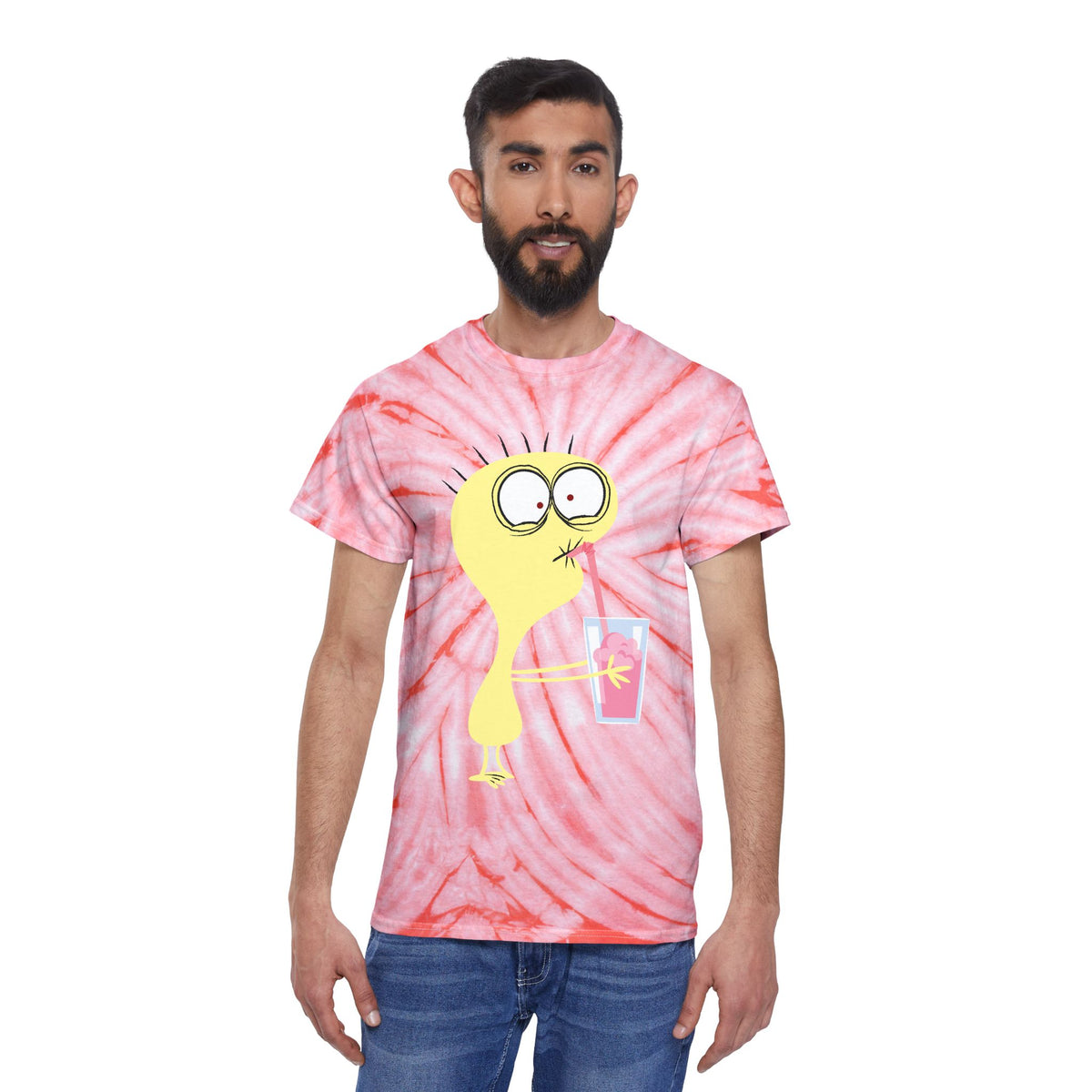 Pink Tie-Dye Tee with Quirky Yellow Cartoon Character