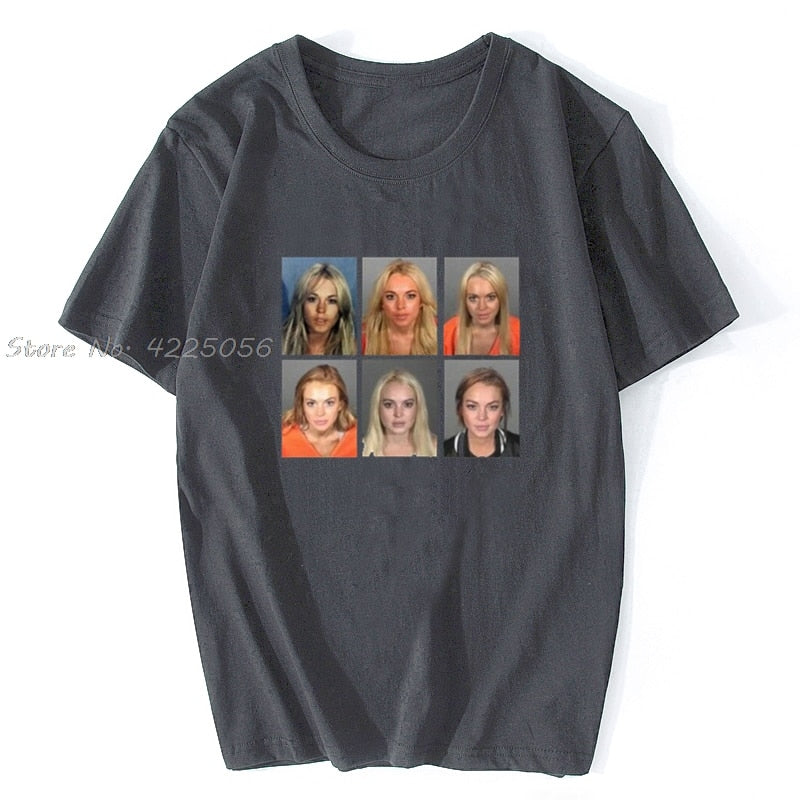 Lindsay Lohan Mashup Celebrity PantzBrand Mugshot Vintage Grunge Look Fan T-Shirt Print Fashion Men Cotton Tshirt Tees Streetwear