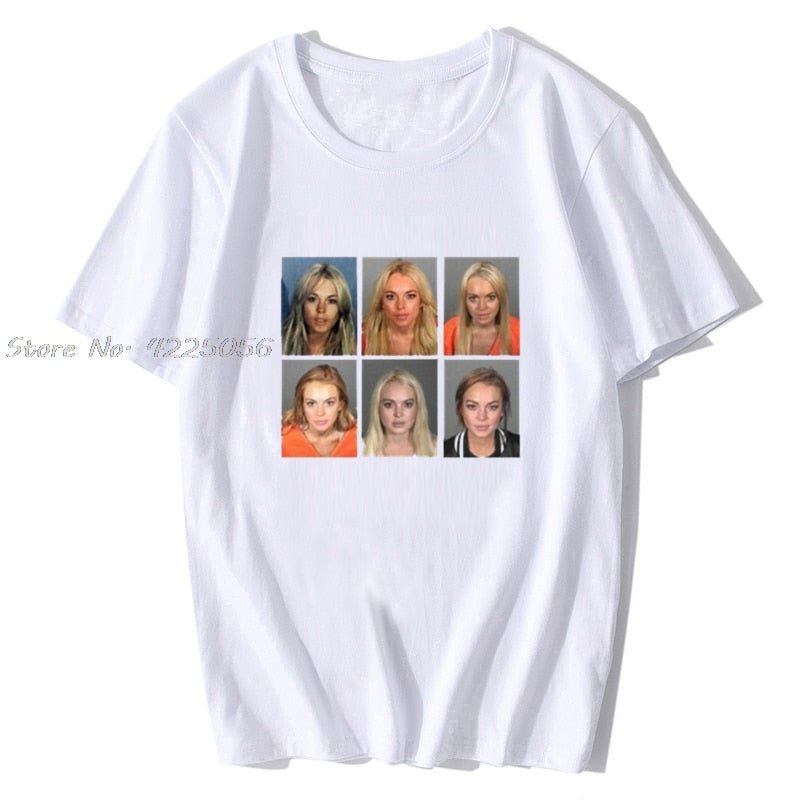 Lindsay Lohan Mashup Celebrity PantzBrand Mugshot Vintage Grunge Look Fan T-Shirt Print Fashion Men Cotton Tshirt Tees Streetwear